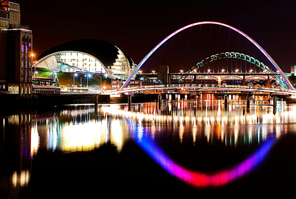 Newcastle UK lights in the darkness at night.